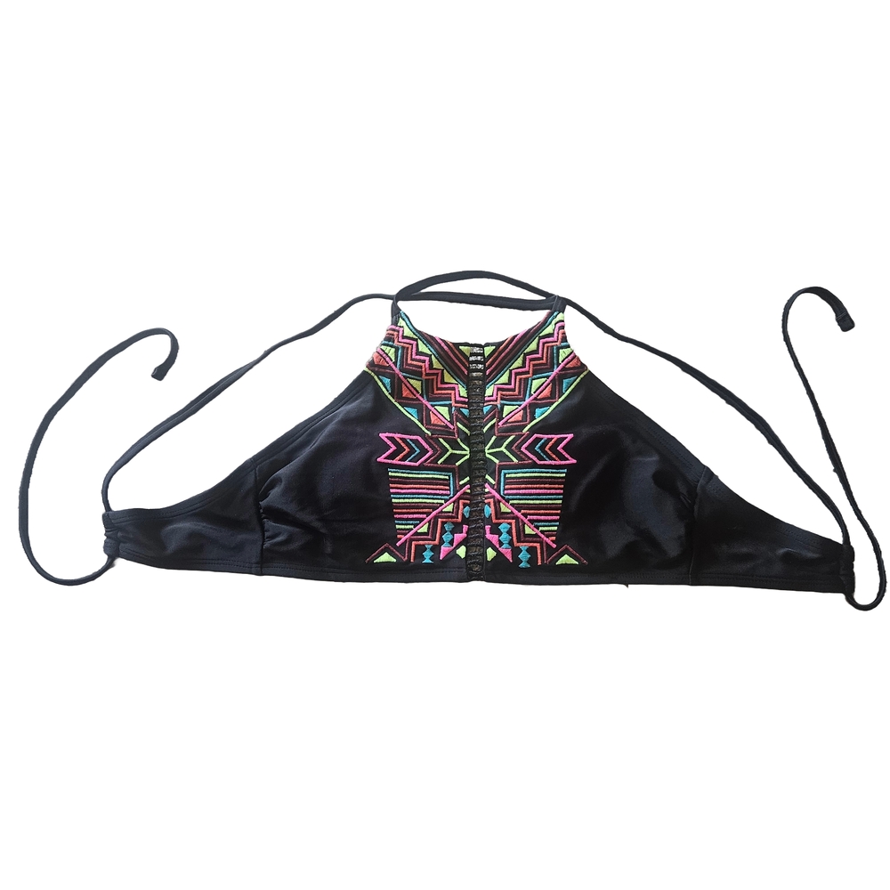 Xhilaration Black Bikini Top with Neon Pattern
